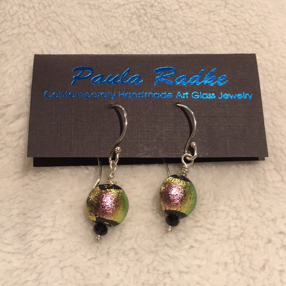 Paula Radke Green Dichroic Glass Silver Earrings